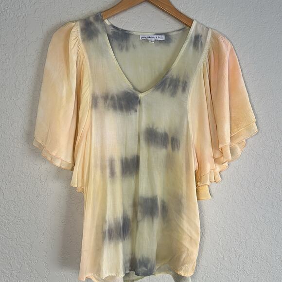 YFB Flutter Sleeve Top Tie Dye Watercolor Spring Summer Pastel Rayon Hippie - Picture 1 of 8